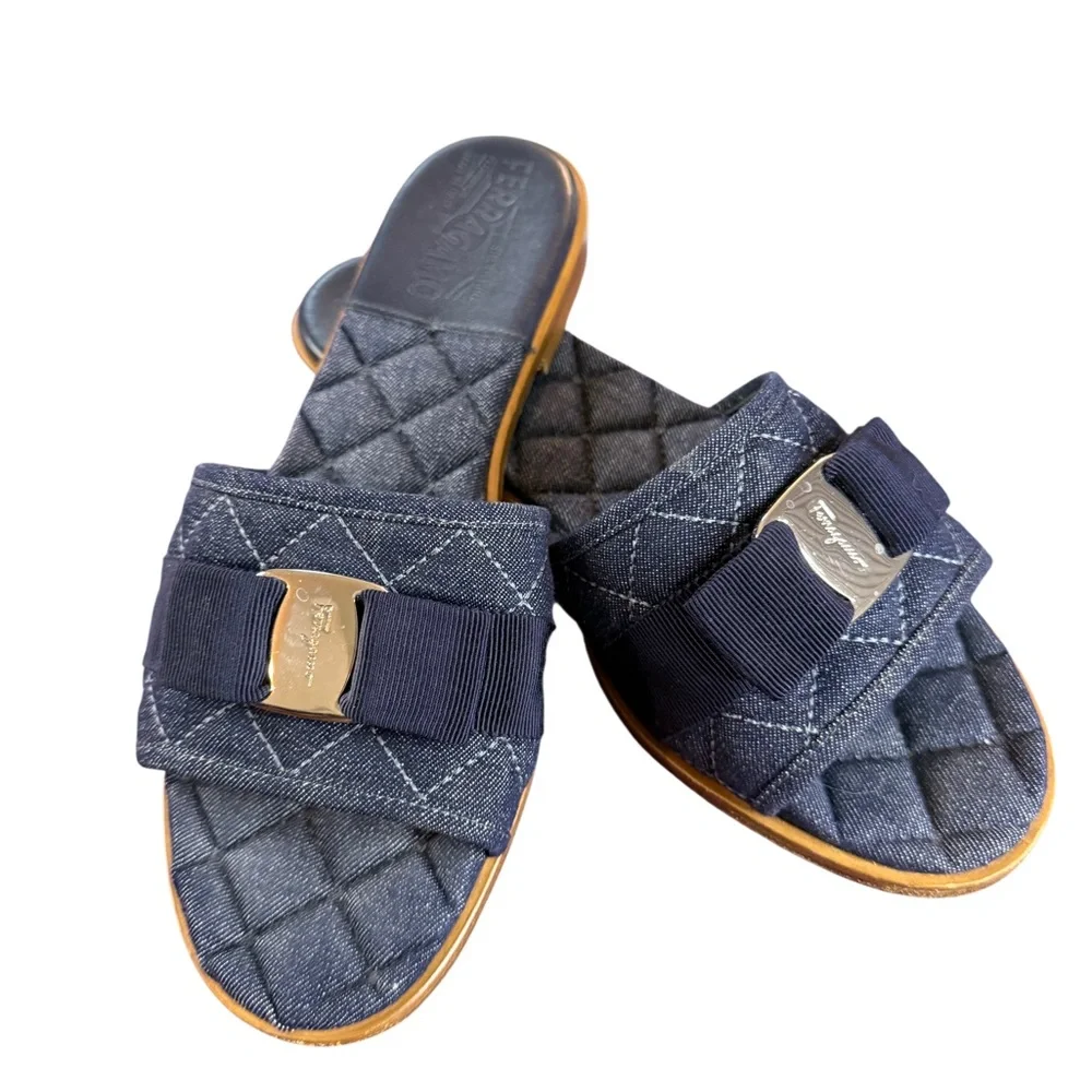 Salvatore Ferragamo Blue Quilted Sandals with Bow - Picture 7 of 7